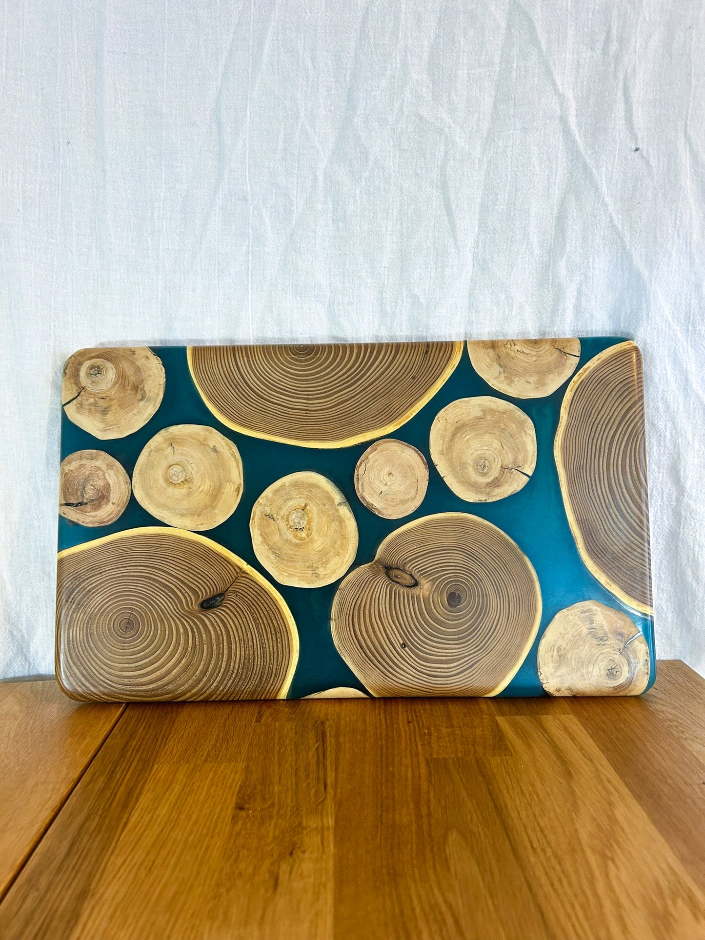 Bright Blue Resin in Wood Rings Charcuterie Board