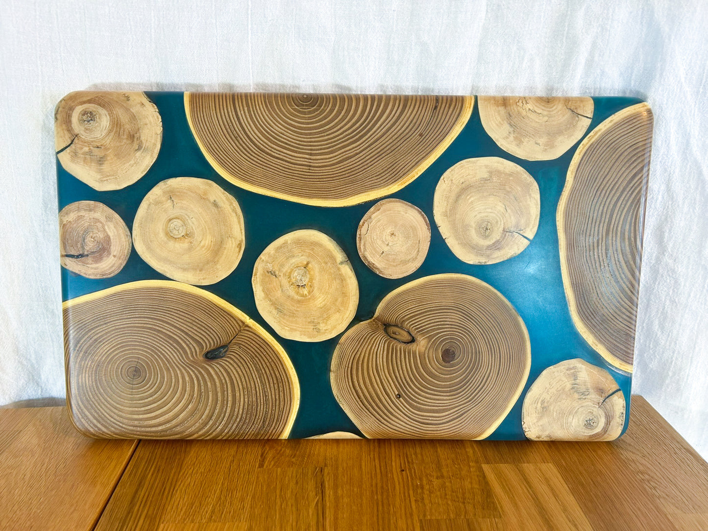 Bright Blue Resin in Wood Rings Charcuterie Board